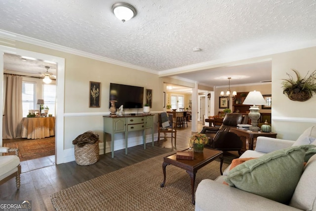 living room featuring ceiling fan with notable chandelier, ornamental molding, a textured ceiling, and dark wood-type flooring