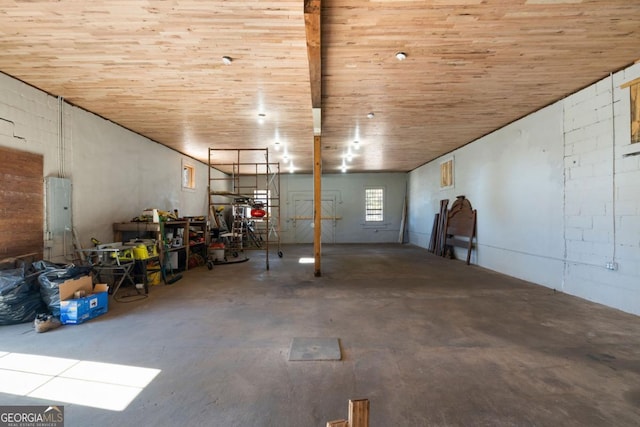 garage featuring wooden ceiling