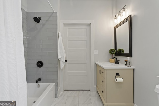 bathroom with shower / bath combination with curtain and vanity