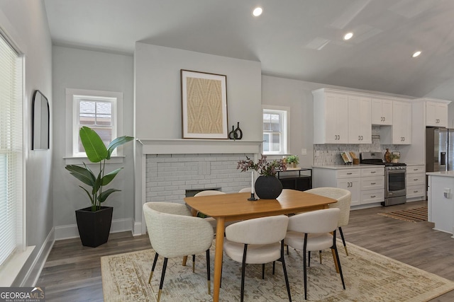 dining space with plenty of natural light and dark wood-type flooring