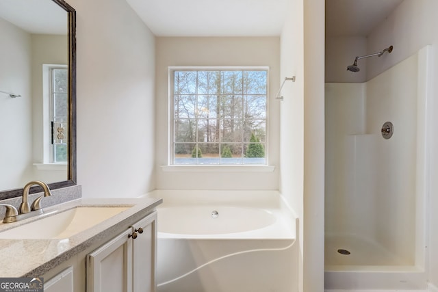 bathroom featuring vanity and plus walk in shower