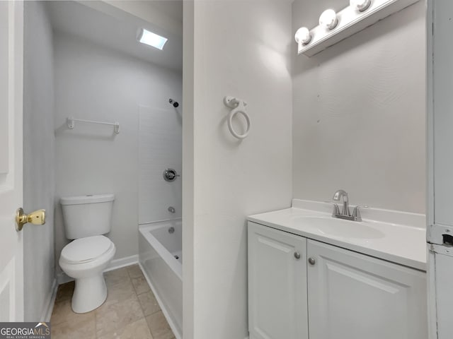 full bathroom featuring a skylight, tile patterned floors, vanity, shower / tub combination, and toilet