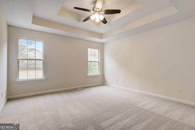 unfurnished room with carpet, ceiling fan, a healthy amount of sunlight, and a tray ceiling