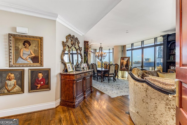 hall featuring crown molding, expansive windows, dark hardwood / wood-style floors, and a notable chandelier