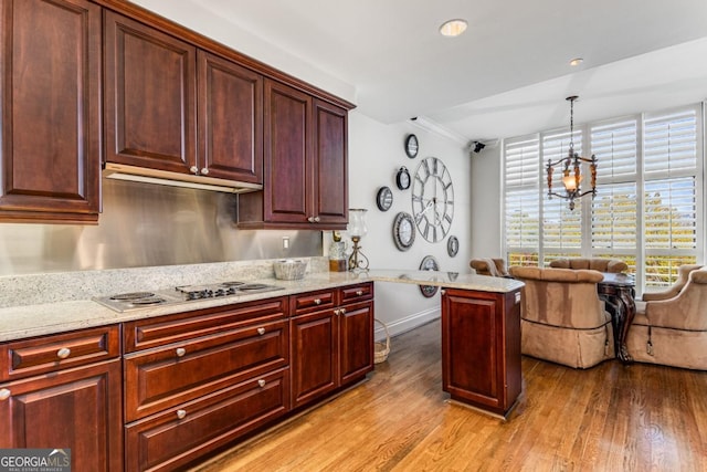 750 Park Ave NE Unit 8E, Atlanta, GA 30326 - kitchen with light wood-type flooring, stainless steel electric stovetop, pendant lighting, under cabinet range hood, and ornamental molding