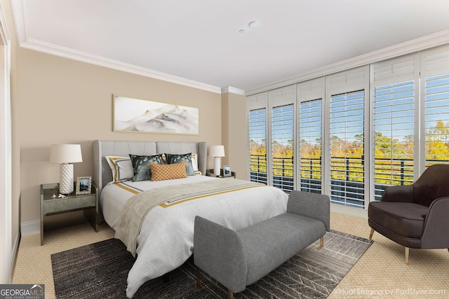 750 Park Ave NE Unit 8E, Atlanta, GA 30326 - carpeted bedroom featuring crown molding, access to exterior, and baseboards