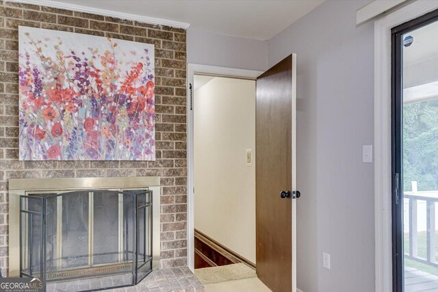 bathroom with a brick fireplace