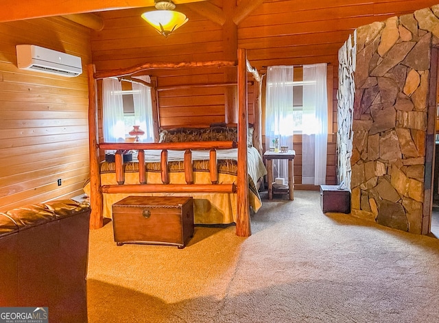 carpeted bedroom featuring beamed ceiling, a wall unit AC, wooden walls, and wood ceiling