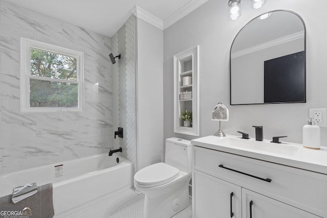 full bathroom with tile patterned floors, vanity, crown molding, toilet, and tiled shower / bath