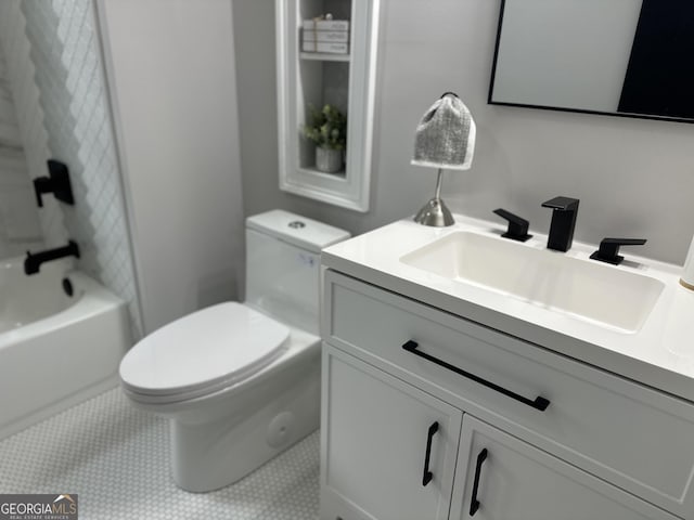 full bathroom featuring tile patterned flooring, shower / tub combination, vanity, and toilet