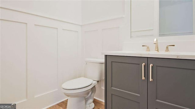 bathroom with vanity, hardwood / wood-style flooring, and toilet