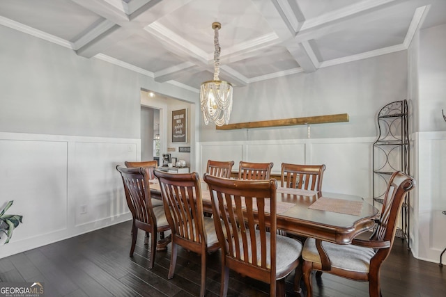 dining space with a notable chandelier, beam ceiling, dark hardwood / wood-style flooring, and coffered ceiling