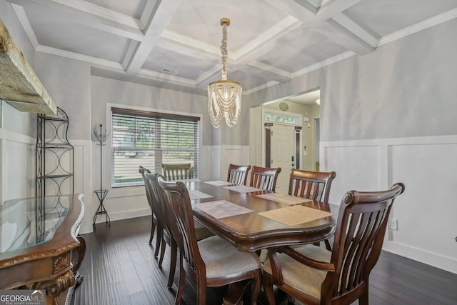 dining room featuring ornamental molding, dark wood-type flooring, and coffered ceiling