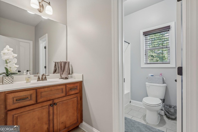 full bathroom featuring tile patterned flooring, vanity,  shower combination, and toilet