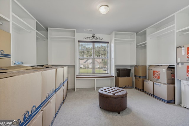 walk in closet featuring light carpet