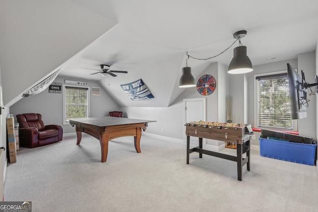 game room featuring carpet flooring, plenty of natural light, and ceiling fan