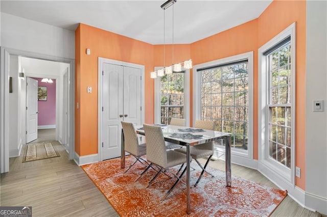 dining area with an inviting chandelier and light hardwood / wood-style flooring