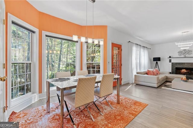 room details with hardwood / wood-style floors and a tiled fireplace