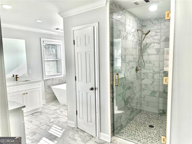 bathroom with crown molding, vanity, and independent shower and bath