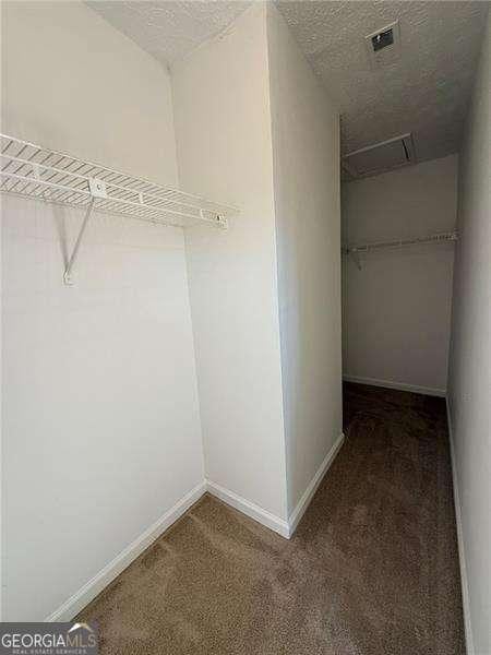 spacious closet with dark colored carpet