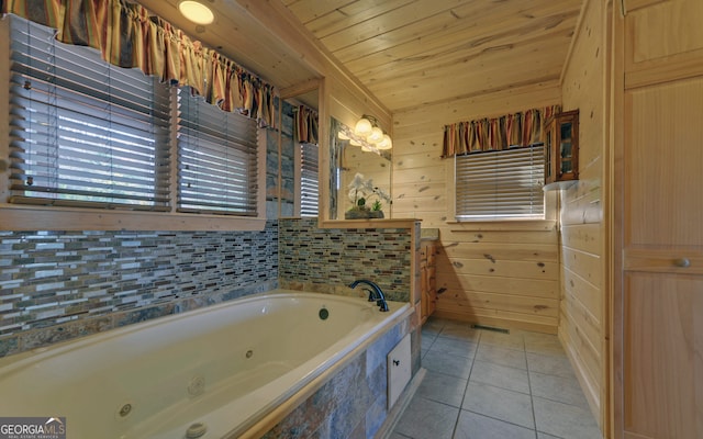 bathroom featuring a tub to relax in, wooden walls, tile patterned flooring, and wood ceiling