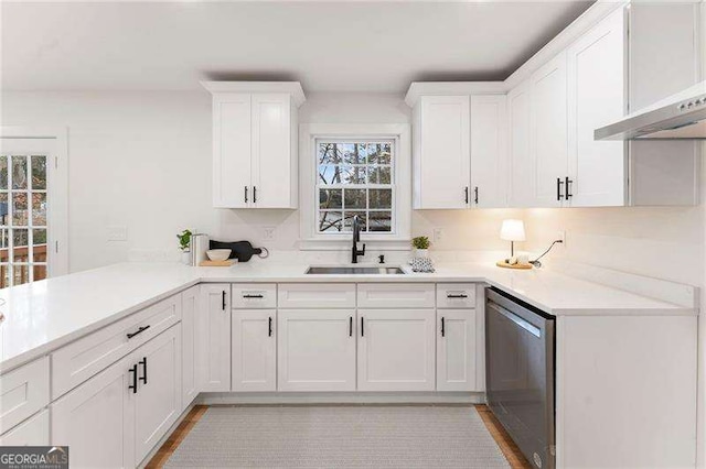 kitchen featuring white cabinets, dishwasher, wall chimney exhaust hood, and sink