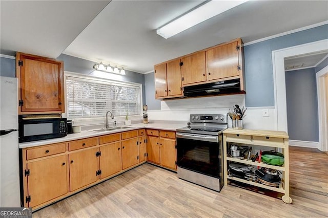 kitchen featuring sink, light hardwood / wood-style flooring, white refrigerator, extractor fan, and stainless steel range with electric stovetop