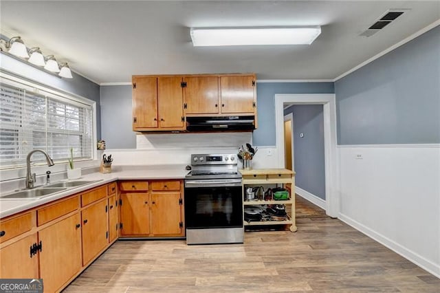 kitchen featuring sink, range hood, light wood-type flooring, stainless steel range with electric cooktop, and ornamental molding