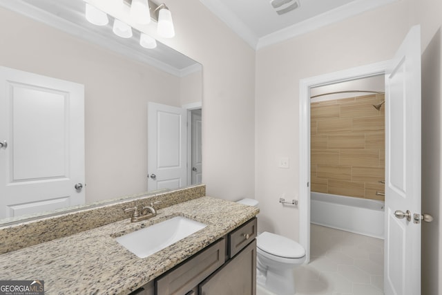 full bathroom with tile patterned floors, vanity, toilet, and crown molding