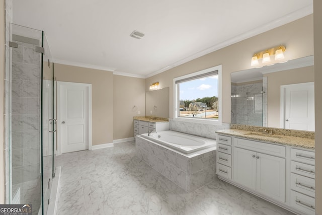 bathroom with vanity, crown molding, and independent shower and bath