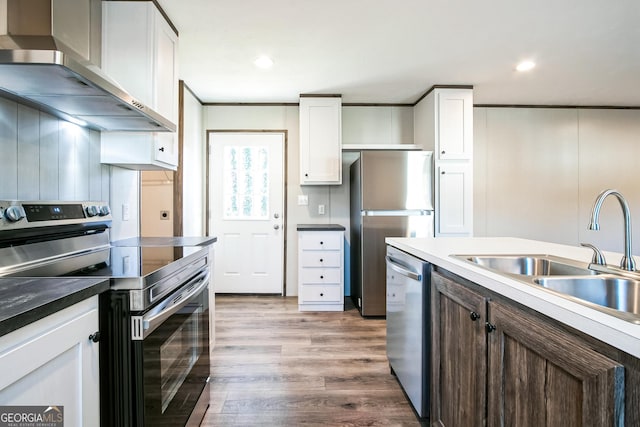 kitchen with appliances with stainless steel finishes, wall chimney exhaust hood, sink, white cabinets, and light hardwood / wood-style floors