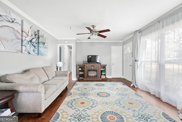 living room with crown molding, dark hardwood / wood-style flooring, and ceiling fan