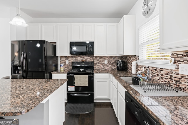 kitchen with white cabinets, sink, backsplash, and black appliances