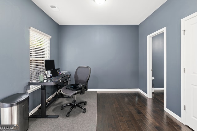 office area with dark hardwood / wood-style flooring