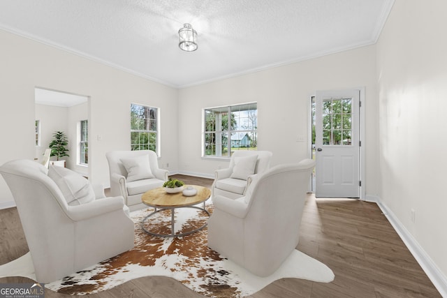 unfurnished dining area with crown molding, wood-type flooring, and a textured ceiling