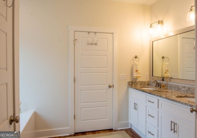 bathroom with hardwood / wood-style floors and vanity