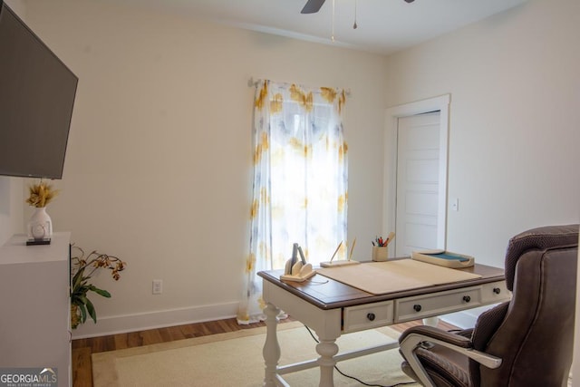 office space featuring hardwood / wood-style flooring and ceiling fan