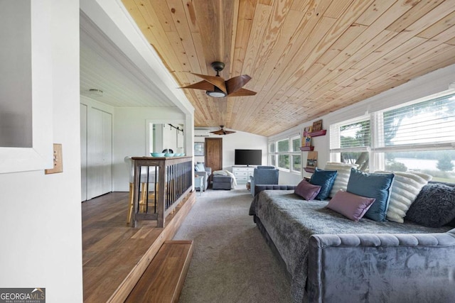 carpeted living room featuring ceiling fan, wooden ceiling, and vaulted ceiling