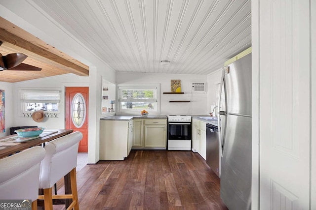 kitchen with wood ceiling, stainless steel appliances, ceiling fan, dark hardwood / wood-style floors, and lofted ceiling