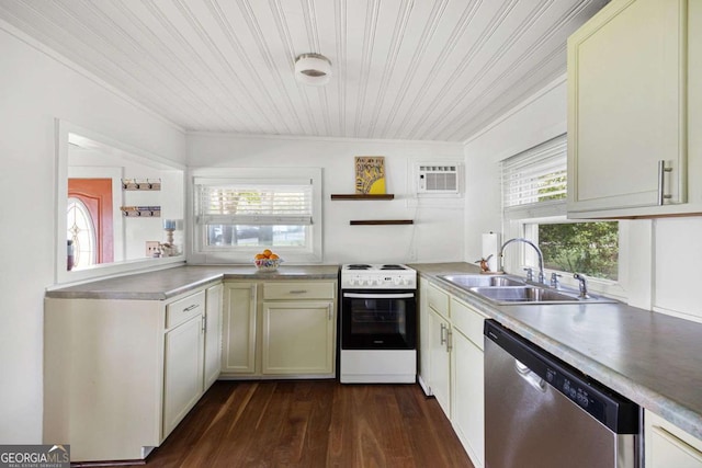 kitchen featuring stainless steel dishwasher, wood ceiling, a wall unit AC, electric range, and dark hardwood / wood-style floors