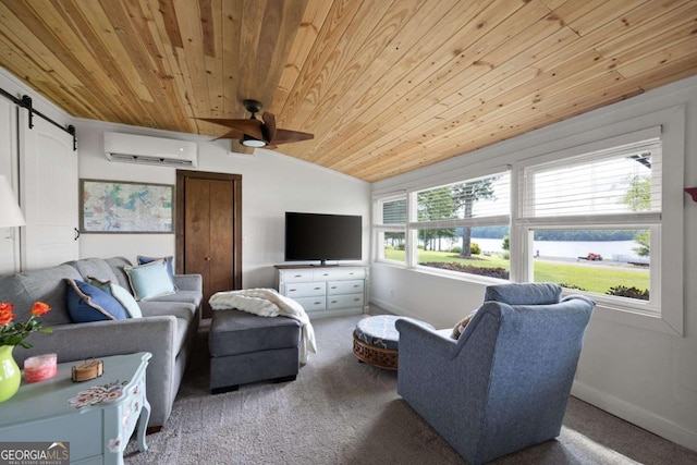 living room featuring a barn door, carpet floors, a wall mounted AC, and vaulted ceiling