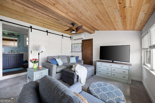 living room featuring an AC wall unit, vaulted ceiling, ceiling fan, a barn door, and wood ceiling