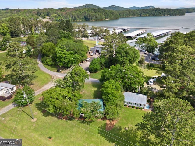 drone / aerial view with a water and mountain view