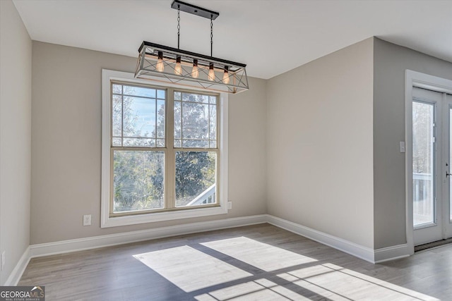 unfurnished dining area with a chandelier and wood-type flooring