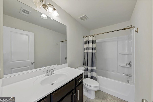 full bathroom with toilet, vanity, tile patterned flooring, and shower / bathtub combination with curtain