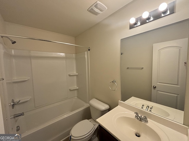 full bathroom featuring toilet, bathing tub / shower combination, and vanity