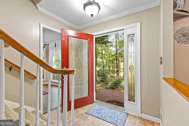 119 Castlewood Rd, Tyrone, GA 30290 - tiled foyer featuring crown molding, stairs, and baseboards