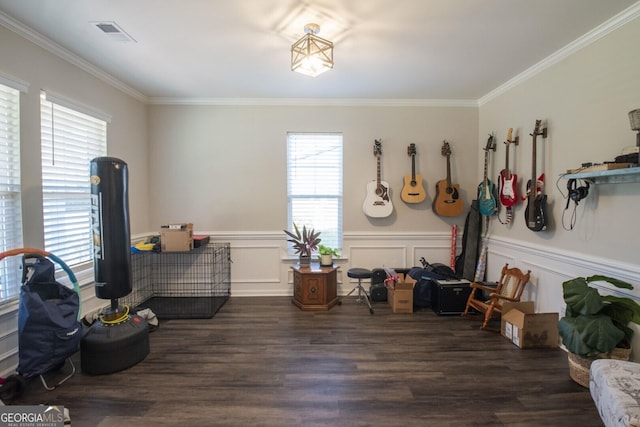 miscellaneous room with crown molding, dark wood-type flooring, and a wealth of natural light