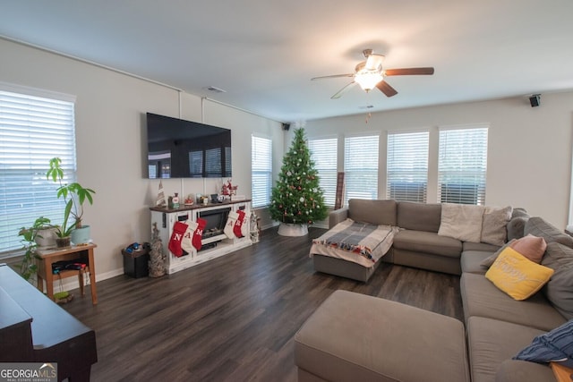 living room featuring ceiling fan and dark wood-type flooring