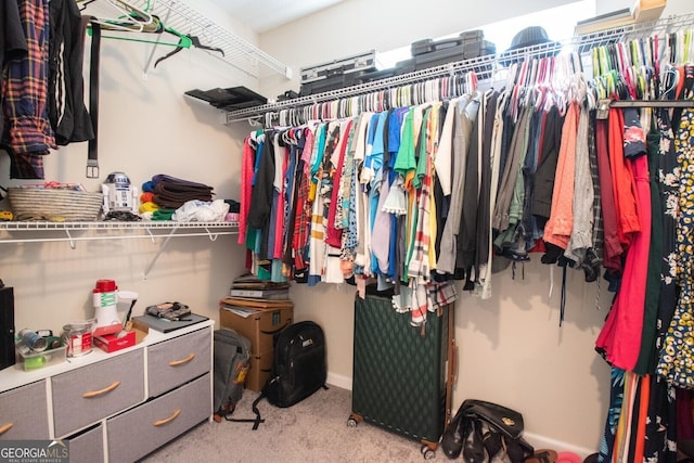 walk in closet featuring light carpet